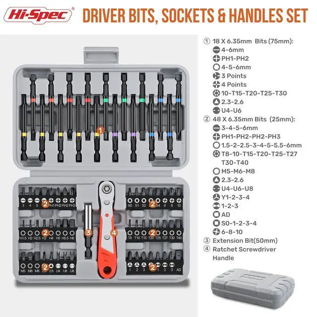 Alt view image 6 of 7 - 68pc Long Extended Screw Driver Bits and Mini Ratchet Wrench Handle Set. DIY Accessories Kit of 25 and 75mm Hex Shank Screwdriving Bits for Drill Drivers