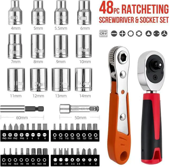 Alt view image 3 of 7 - 48Pcs 1/4" Mini Ratchet Socket Wrench and Screwdriver Set & Bits