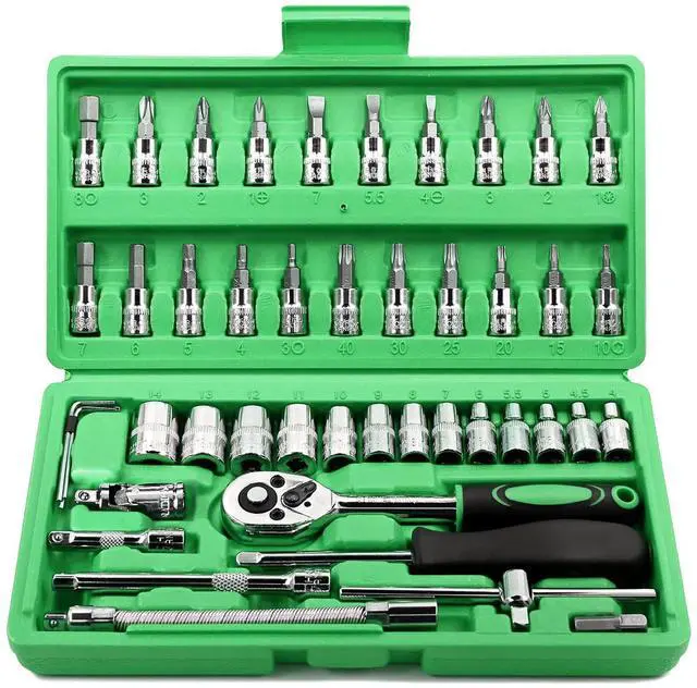 Main image of 46 Pieces 1/4 inch Drive Socket Ratchet Wrench Set, with Bit Socket Set Metric and Extension Bar for Auto Repairing and Household, with Green Storage Case