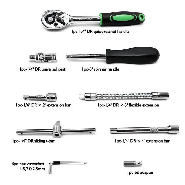 Alt view image 4 of 6 - 46 Pieces 1/4 inch Drive Socket Ratchet Wrench Set, with Bit Socket Set Metric and Extension Bar for Auto Repairing and Household, with Green Storage Case