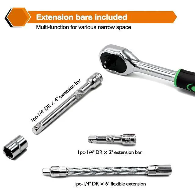 Alt view image 5 of 6 - 46 Pieces 1/4 inch Drive Socket Ratchet Wrench Set, with Bit Socket Set Metric and Extension Bar for Auto Repairing and Household, with Green Storage Case