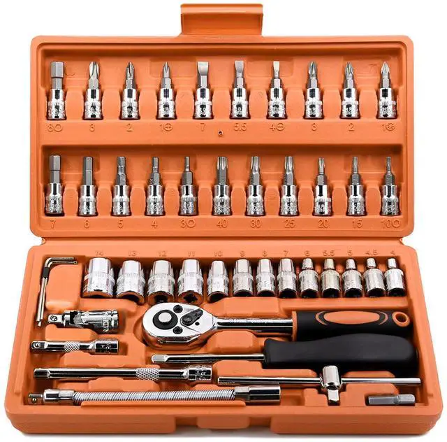 Main image of 46 Pieces 1/4 inch Drive Socket Ratchet Wrench Set, with Bit Socket Set Metric and Extension Bar for Auto Repairing and Household, with Orange Storage Case