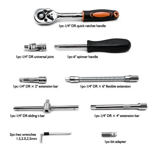 Alt view image 4 of 6 - 46 Pieces 1/4 inch Drive Socket Ratchet Wrench Set, with Bit Socket Set Metric and Extension Bar for Auto Repairing and Household, with Orange Storage Case