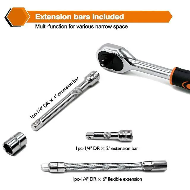 Alt view image 5 of 6 - 46 Pieces 1/4 inch Drive Socket Ratchet Wrench Set, with Bit Socket Set Metric and Extension Bar for Auto Repairing and Household, with Orange Storage Case