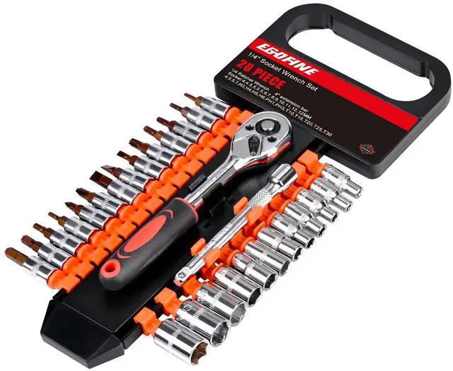 Main image of 28pcs 1/4 Inch Ratchet Socket Wrench Set, Drive Socket Set with 12 Sockets and 14 Bit Socket Set, with Extension Bars