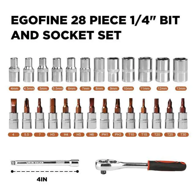 Alt view image 2 of 7 - 28pcs 1/4 Inch Ratchet Socket Wrench Set, Drive Socket Set with 12 Sockets and 14 Bit Socket Set, with Extension Bars