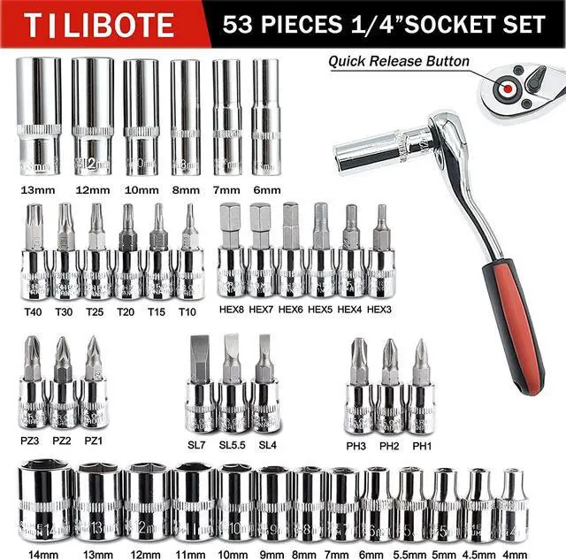 Alt view image 2 of 7 - Socket Wrench Set, 53PCS 1/4 Inch Ratcheting Wrench Set And Extension Bar Gimbal Slide Bar Extension Sockets, Set For Automotive Repair And Home Use.