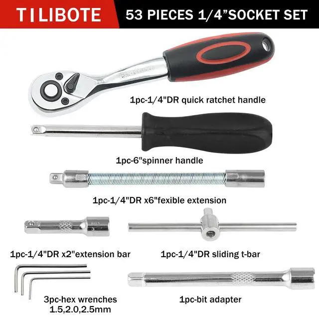 Alt view image 4 of 7 - Socket Wrench Set, 53PCS 1/4 Inch Ratcheting Wrench Set And Extension Bar Gimbal Slide Bar Extension Sockets, Set For Automotive Repair And Home Use.