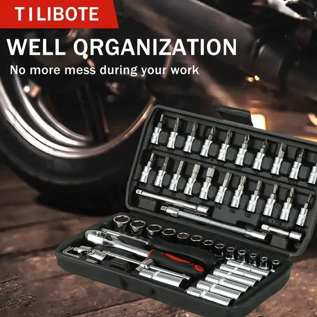 Alt view image 6 of 7 - Socket Wrench Set, 53PCS 1/4 Inch Ratcheting Wrench Set And Extension Bar Gimbal Slide Bar Extension Sockets, Set For Automotive Repair And Home Use.