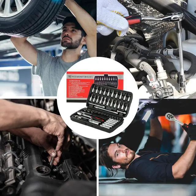 Alt view image 7 of 7 - Socket Wrench Set, 53PCS 1/4 Inch Ratcheting Wrench Set And Extension Bar Gimbal Slide Bar Extension Sockets, Set For Automotive Repair And Home Use.