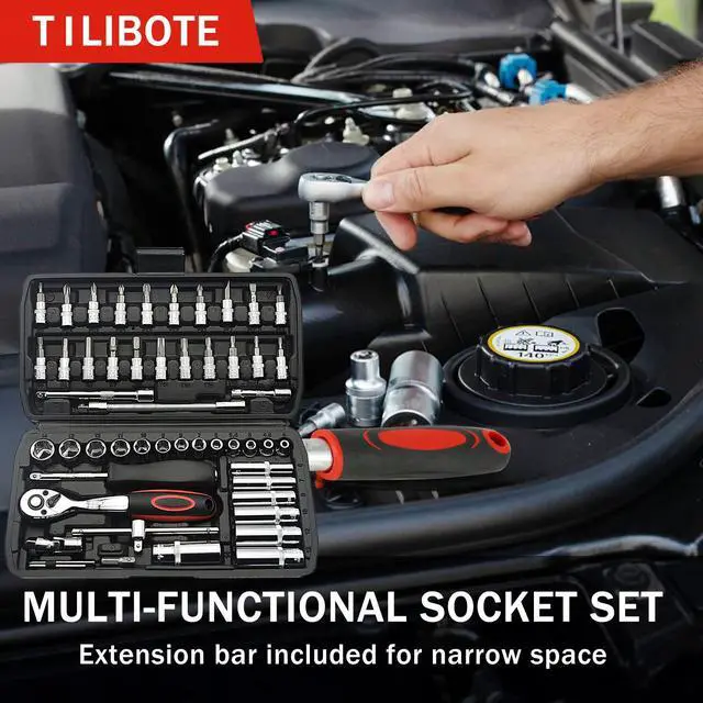 Alt view image 5 of 7 - Socket Wrench Set, 53PCS 1/4 Inch Ratcheting Wrench Set And Extension Bar Gimbal Slide Bar Extension Sockets, Set For Automotive Repair And Home Use.