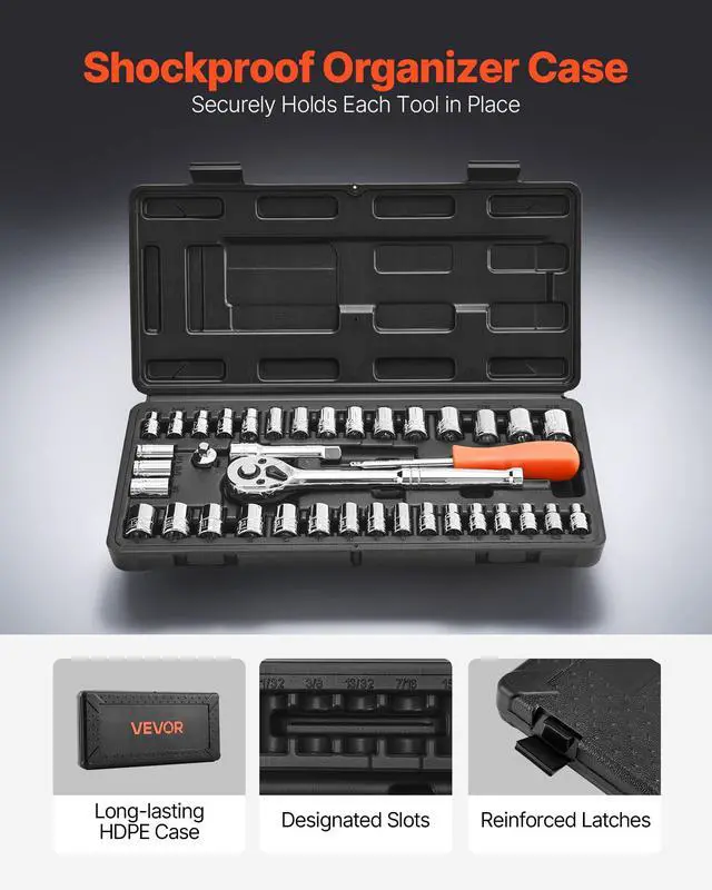 Alt view image 5 of 7 - Socket Set, 39 Pieces, 3/8 & 1/4 inch Drive Socket and Ratchet Set, SAE and Metric Size, Mechanic Tool Kit with Ratchet Wrench, Accessories, Storage Case, CR-V Alloy Steel, for Automotive Repair
