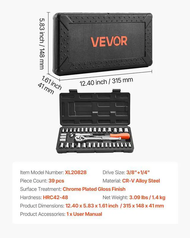 Alt view image 7 of 7 - Socket Set, 39 Pieces, 3/8 & 1/4 inch Drive Socket and Ratchet Set, SAE and Metric Size, Mechanic Tool Kit with Ratchet Wrench, Accessories, Storage Case, CR-V Alloy Steel, for Automotive Repair