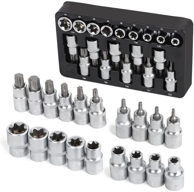 Main image of 19-Piece 1/2 Drive E-Torx Socket Set and Torx Bit Socket Set, with Storage case, Premium CR-V Steel, E10-E24, T20-T70, E Socket Set for Mechanic and Home Repair