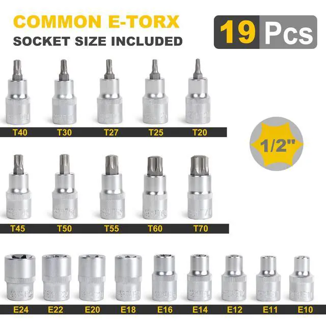 Alt view image 2 of 6 - 19-Piece 1/2 Drive E-Torx Socket Set and Torx Bit Socket Set, with Storage case, Premium CR-V Steel, E10-E24, T20-T70, E Socket Set for Mechanic and Home Repair