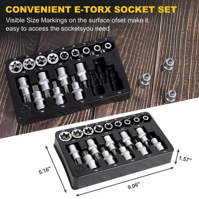Alt view image 3 of 6 - 19-Piece 1/2 Drive E-Torx Socket Set and Torx Bit Socket Set, with Storage case, Premium CR-V Steel, E10-E24, T20-T70, E Socket Set for Mechanic and Home Repair