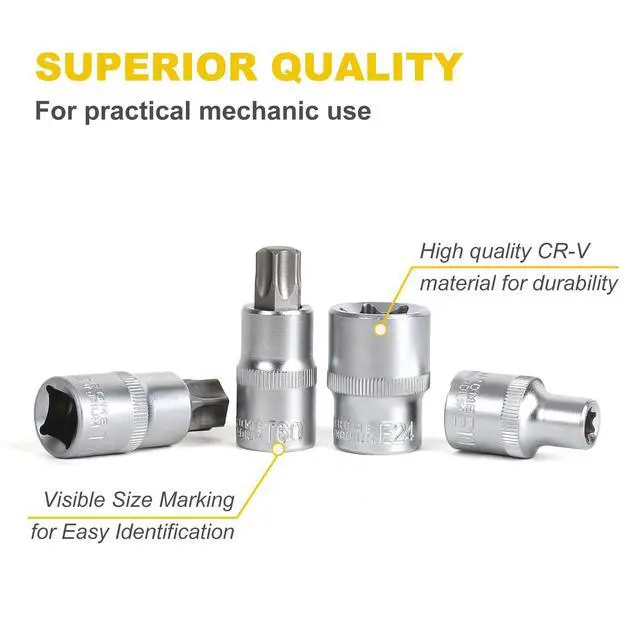 Alt view image 4 of 6 - 19-Piece 1/2 Drive E-Torx Socket Set and Torx Bit Socket Set, with Storage case, Premium CR-V Steel, E10-E24, T20-T70, E Socket Set for Mechanic and Home Repair