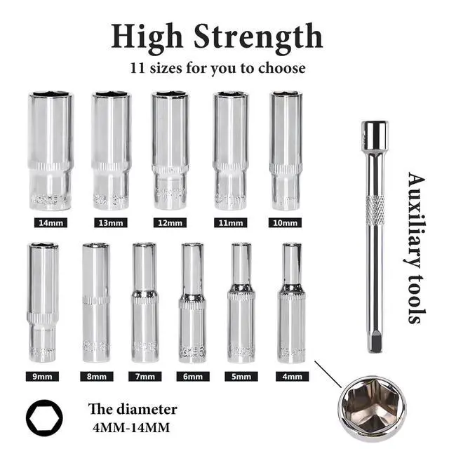 Alt view image 2 of 5 - 13PCS 1/4" Drive Deep Socket Set,Metric(4-14MM),6-Point, Cr-V Steel