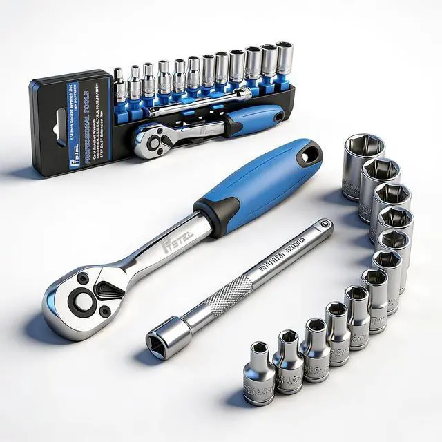 Main image of 14 Pieces Socket Wrench Kit, 1/4 Drive Socket Set with 72 Teeth Release Ratchet Wrench and Extension Bar, CR-V Sockets