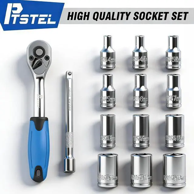 Alt view image 4 of 7 - 14 Pieces Socket Wrench Kit, 1/4 Drive Socket Set with 72 Teeth Release Ratchet Wrench and Extension Bar, CR-V Sockets