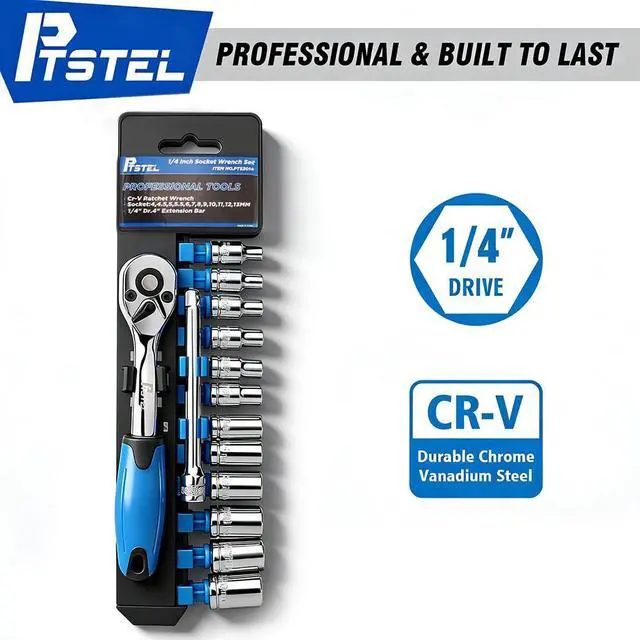 Alt view image 5 of 7 - 14 Pieces Socket Wrench Kit, 1/4 Drive Socket Set with 72 Teeth Release Ratchet Wrench and Extension Bar, CR-V Sockets