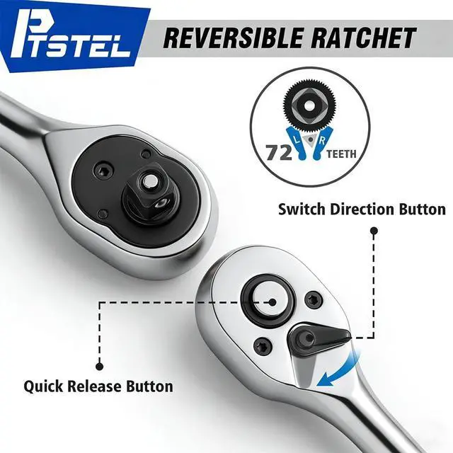 Alt view image 6 of 7 - 14 Pieces Socket Wrench Kit, 1/4 Drive Socket Set with 72 Teeth Release Ratchet Wrench and Extension Bar, CR-V Sockets
