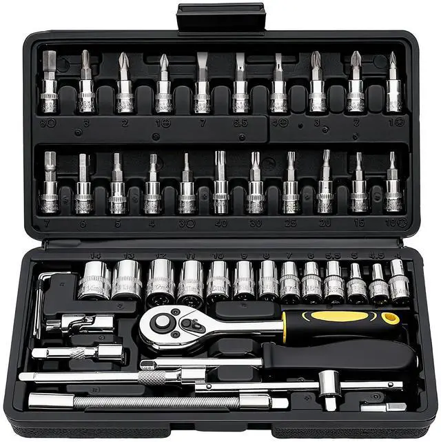 Main image of 46 Pieces Drive Socket Ratchet Wrench Set, 1/4 inch Metric Socket Set, Ratchet Wrench Set with Quick-Release Ratchet and Extension Bar, Storage Case - Perfect for Auto Repair & Home Use
