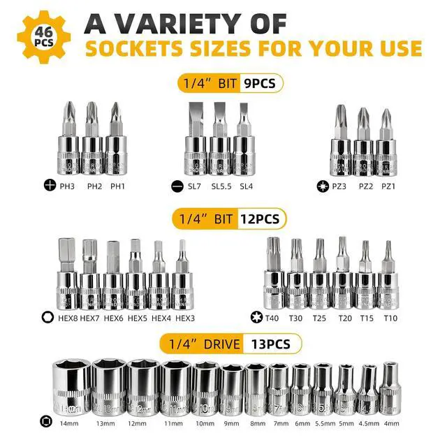 Alt view image 2 of 7 - 46 Pieces Drive Socket Ratchet Wrench Set, 1/4 inch Metric Socket Set, Ratchet Wrench Set with Quick-Release Ratchet and Extension Bar, Storage Case - Perfect for Auto Repair & Home Use