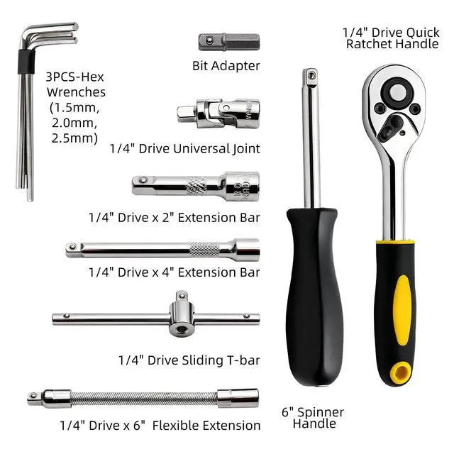 Alt view image 3 of 7 - 46 Pieces Drive Socket Ratchet Wrench Set, 1/4 inch Metric Socket Set, Ratchet Wrench Set with Quick-Release Ratchet and Extension Bar, Storage Case - Perfect for Auto Repair & Home Use