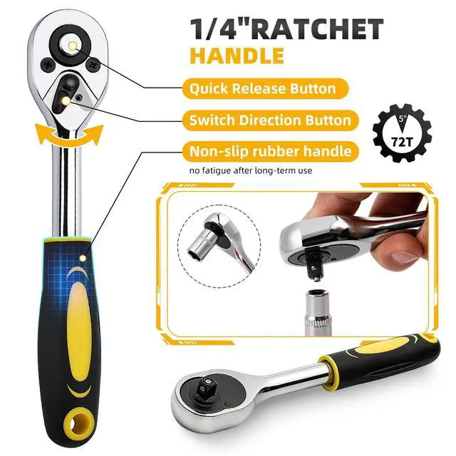 Alt view image 4 of 7 - 46 Pieces Drive Socket Ratchet Wrench Set, 1/4 inch Metric Socket Set, Ratchet Wrench Set with Quick-Release Ratchet and Extension Bar, Storage Case - Perfect for Auto Repair & Home Use