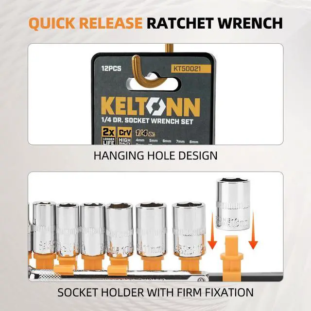 Alt view image 6 of 7 - Ratchet Socket Wrench Set Metric, 12PCS Drive Mini Socket Kit with CR-V Steel Sockets (413mm) 1/4 Inch, Quick-Release Reversible Ratchet and Extension Bar for Automotive, DIY and Home Repair