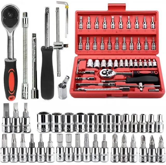 Main image of 46 Pieces 1/4 in. Drive Ratchet Socket Wrench Set with Quick-Release Ratchet,Includes Metric Bit Sockets and Extension Bar for Car Repair and Home Maintenance