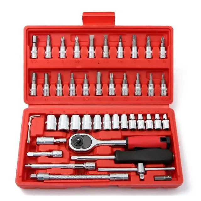 Alt view image 5 of 7 - 46 Pieces 1/4 in. Drive Ratchet Socket Wrench Set with Quick-Release Ratchet,Includes Metric Bit Sockets and Extension Bar for Car Repair and Home Maintenance