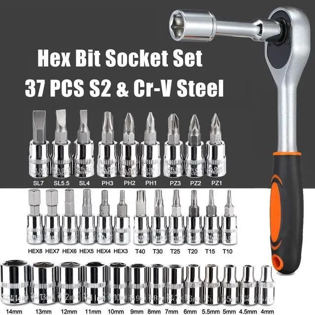 Alt view image 2 of 7 - 46 Pieces 1/4 in. Drive Ratchet Socket Wrench Set with Quick-Release Ratchet,Includes Metric Bit Sockets and Extension Bar for Car Repair and Home Maintenance