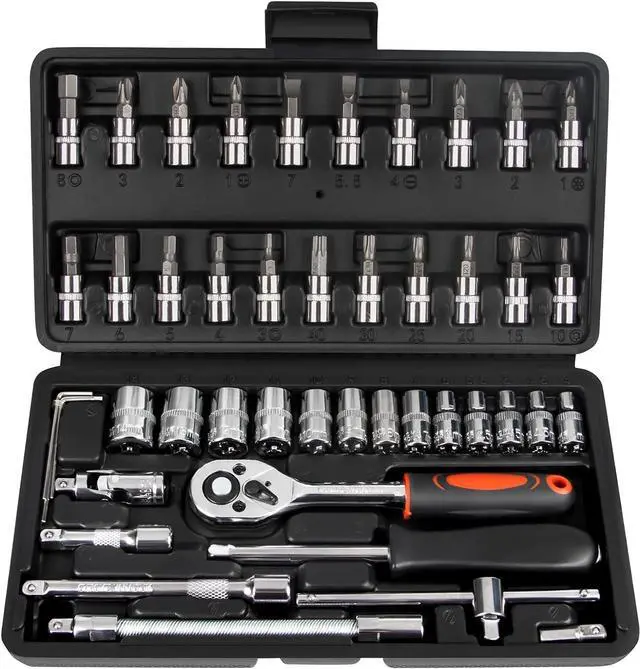 Main image of 1/4 Inch Drive Socket Ratchet Wrench Set, 45 Pieces Socket Set with Bit Socket Set Metric and Extension Bar for Car Bicycle Motorcycle Repair and Home Use with Storage Case (Black)