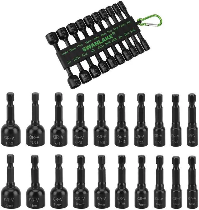 Main image of 20-Piece Magnetic Nut Driver Set, Metric & SAE 1/4" Hex Shank, Drill Socket Set, Impact Driver Bit Set, Magnetic Bit Holder with Aluminum Alloy Snap Clip, Quick Change Tool