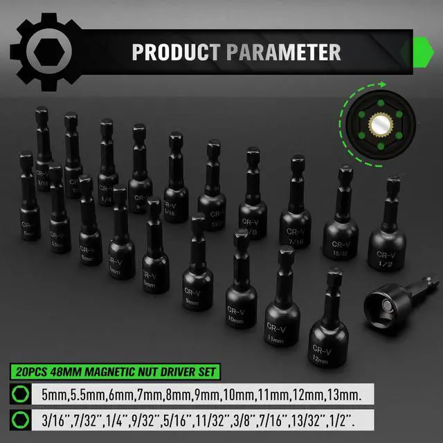 Alt view image 3 of 7 - 20-Piece Magnetic Nut Driver Set, Metric & SAE 1/4" Hex Shank, Drill Socket Set, Impact Driver Bit Set, Magnetic Bit Holder with Aluminum Alloy Snap Clip, Quick Change Tool
