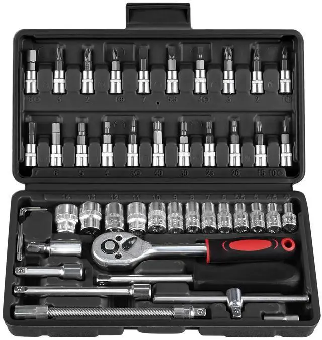 Main image of 46PCS Socket Ratchet Wrench Set, 1/4 Inch Drive Small Tool Set with Screwdriver Bit Sockets Extension Bar and Storage Case, Metric Socket Set for Car Repair and Home Use, Black