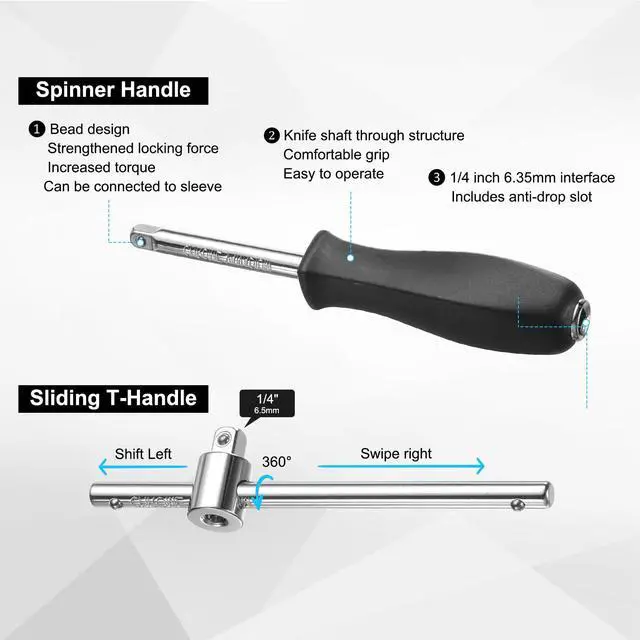 Alt view image 4 of 7 - 1/4" Drive Spinner Handle Chrome Vanadium Steel Drive Socket Set with 1/4" Drive Sliding T-handle Breaker Bar Extension Bar for Ratchet Driver and Car Repair 2-Pieces Set