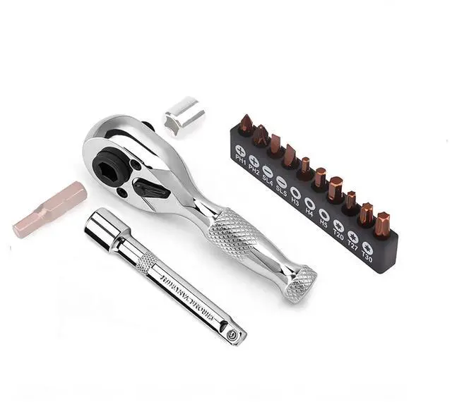 Main image of 1/4" Stubby Ratchet Wrench & Bit Set, 90T Dual Head Mini Ratchet, Reversible Ratchet with 3" Extension Bar & 10-Piece Hex Bit Set for Tight Spaces