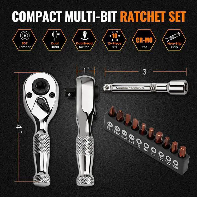 Alt view image 2 of 6 - 1/4" Stubby Ratchet Wrench & Bit Set, 90T Dual Head Mini Ratchet, Reversible Ratchet with 3" Extension Bar & 10-Piece Hex Bit Set for Tight Spaces