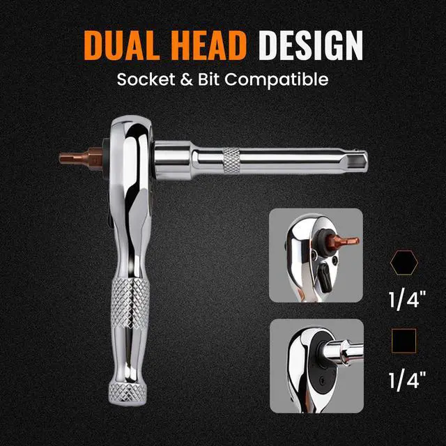 Alt view image 4 of 6 - 1/4" Stubby Ratchet Wrench & Bit Set, 90T Dual Head Mini Ratchet, Reversible Ratchet with 3" Extension Bar & 10-Piece Hex Bit Set for Tight Spaces