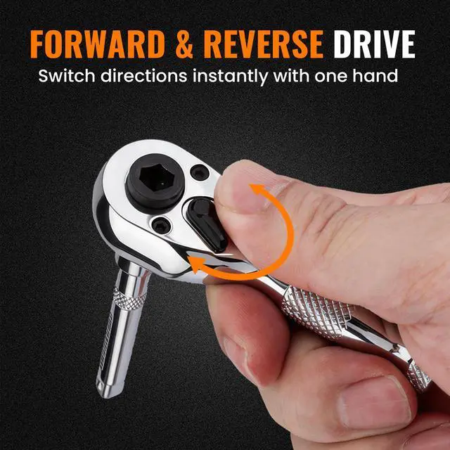 Alt view image 5 of 6 - 1/4" Stubby Ratchet Wrench & Bit Set, 90T Dual Head Mini Ratchet, Reversible Ratchet with 3" Extension Bar & 10-Piece Hex Bit Set for Tight Spaces