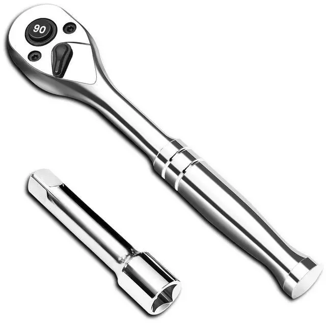 Main image of 1/4-Inch Drive Ratchet Wrench, 90-Tooth Quick-release Reversible Ratchet Wrench with an Extension Bar(2 inch), 5" Long Socket wrench, 4-Degree Swing, Full Polished,Cr-Mo Head For Gifting,Repairing