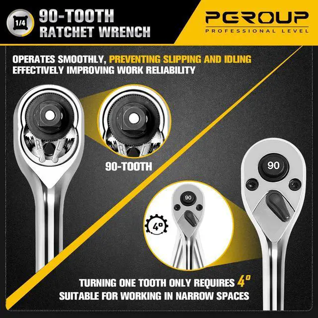 Alt view image 3 of 7 - 1/4-Inch Drive Ratchet Wrench, 90-Tooth Quick-release Reversible Ratchet Wrench with an Extension Bar(2 inch), 5" Long Socket wrench, 4-Degree Swing, Full Polished,Cr-Mo Head For Gifting,Repairing
