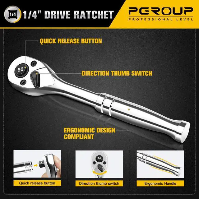 Alt view image 5 of 7 - 1/4-Inch Drive Ratchet Wrench, 90-Tooth Quick-release Reversible Ratchet Wrench with an Extension Bar(2 inch), 5" Long Socket wrench, 4-Degree Swing, Full Polished,Cr-Mo Head For Gifting,Repairing