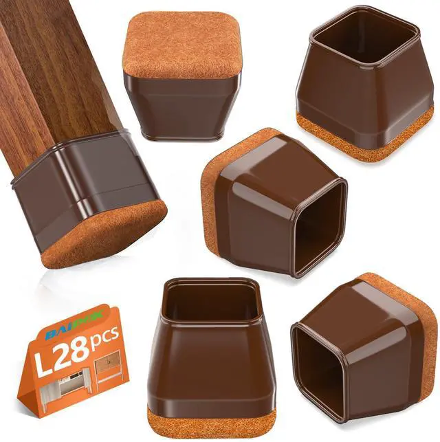 Main image of 28Pcs Square Chair Leg Floor Protectors with Wrapped Felt Bottom, Silicone Chair Leg Protectors for Hardwood Floors, Chair Legs Cover Prevents Scratches & Reduce Noise (Brown L Fit 1.14"-1.42")