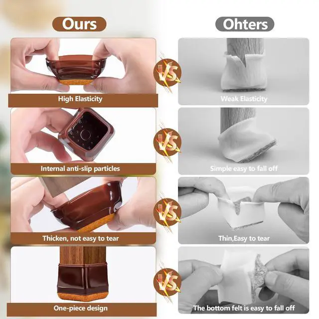 Alt view image 3 of 7 - 28Pcs Square Chair Leg Floor Protectors with Wrapped Felt Bottom, Silicone Chair Leg Protectors for Hardwood Floors, Chair Legs Cover Prevents Scratches & Reduce Noise (Brown L Fit 1.14"-1.42")