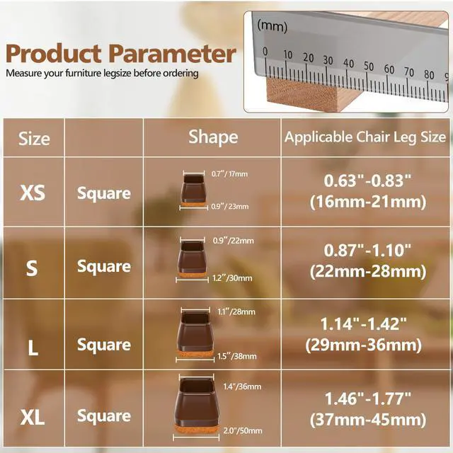 Alt view image 2 of 7 - 28Pcs Square Chair Leg Floor Protectors with Wrapped Felt Bottom, Silicone Chair Leg Protectors for Hardwood Floors, Chair Legs Cover Prevents Scratches & Reduce Noise (Brown L Fit 1.14"-1.42")