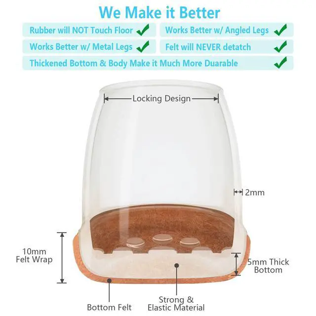 Alt view image 4 of 6 - 16 Pack Chair Leg Floor Protectors for Hardwood Floors, Round Rubber Furniture Sliders, 360°Felt Pad Bottom Wrapped Thickening Silicone Furniture Legs Caps Covers(Round,Clear-Brown-S)